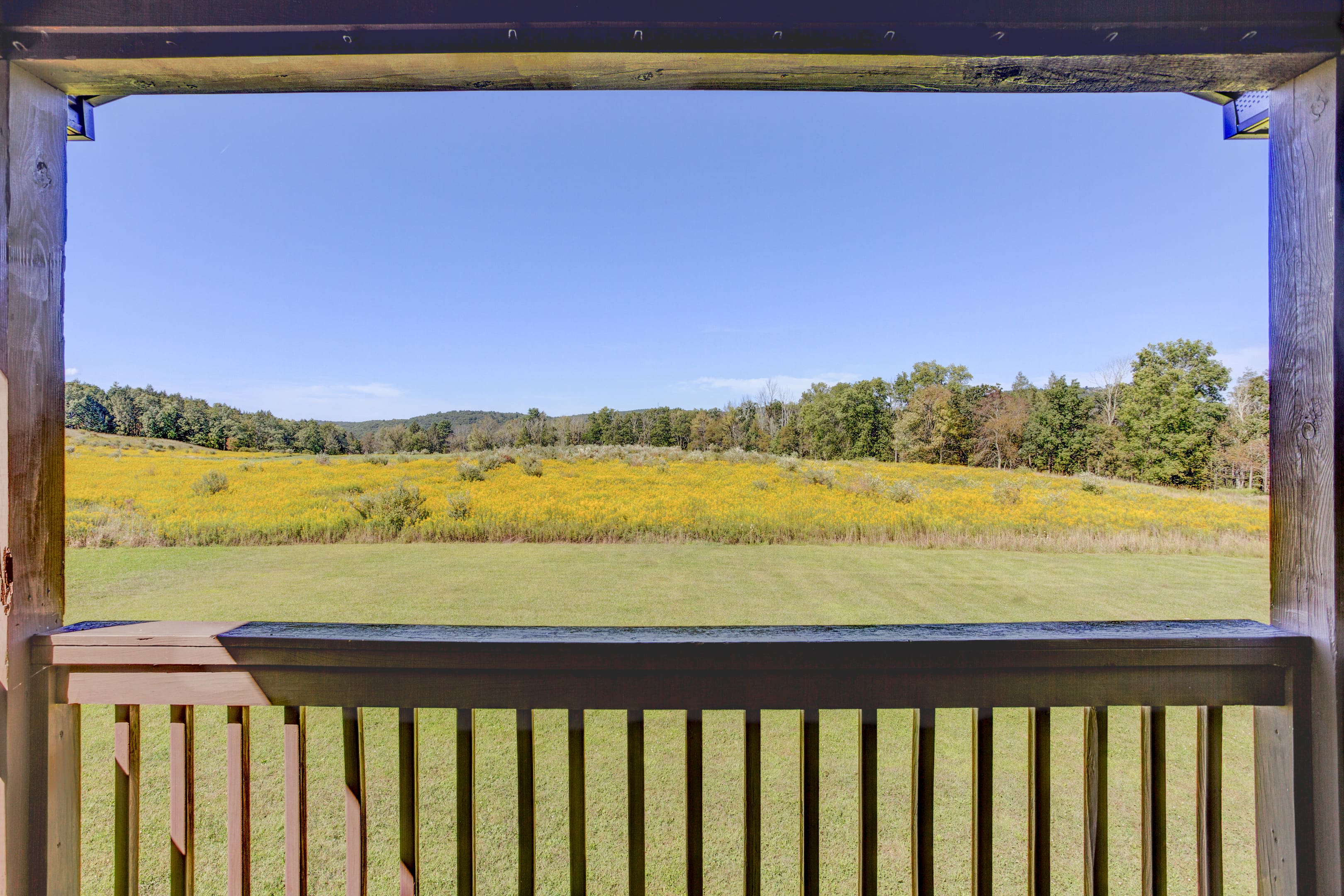 A view of a field from the deck.