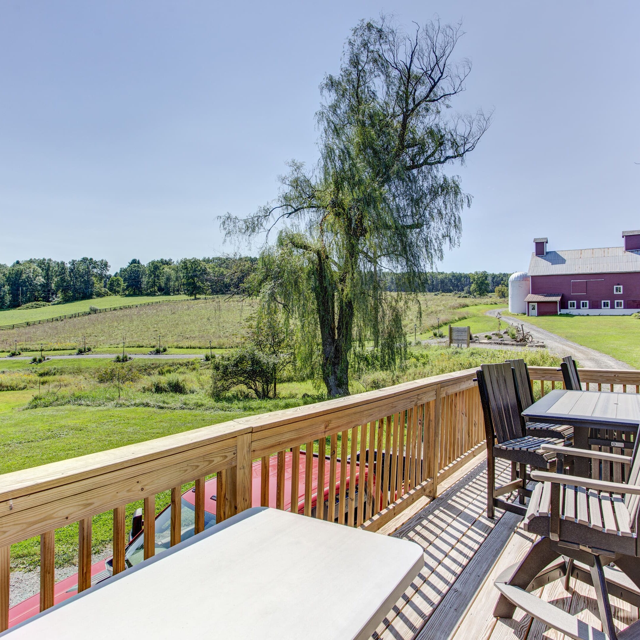 A view of a farm from the deck.