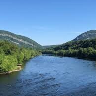 A river with trees and mountains in the background.